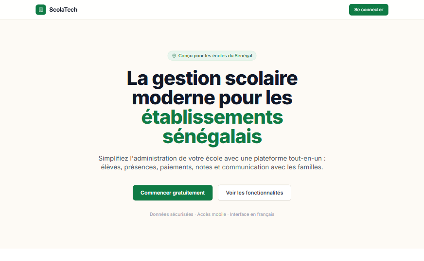 ScolaTech home page: school management platform for Senegalese schools